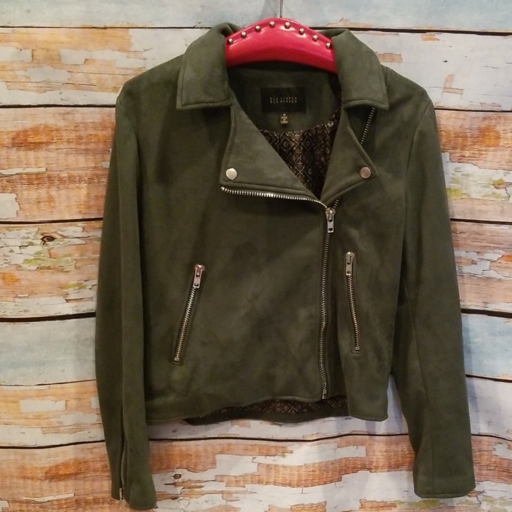NWOT Blu Pepper M Green Faux Suede Moto Jacket!